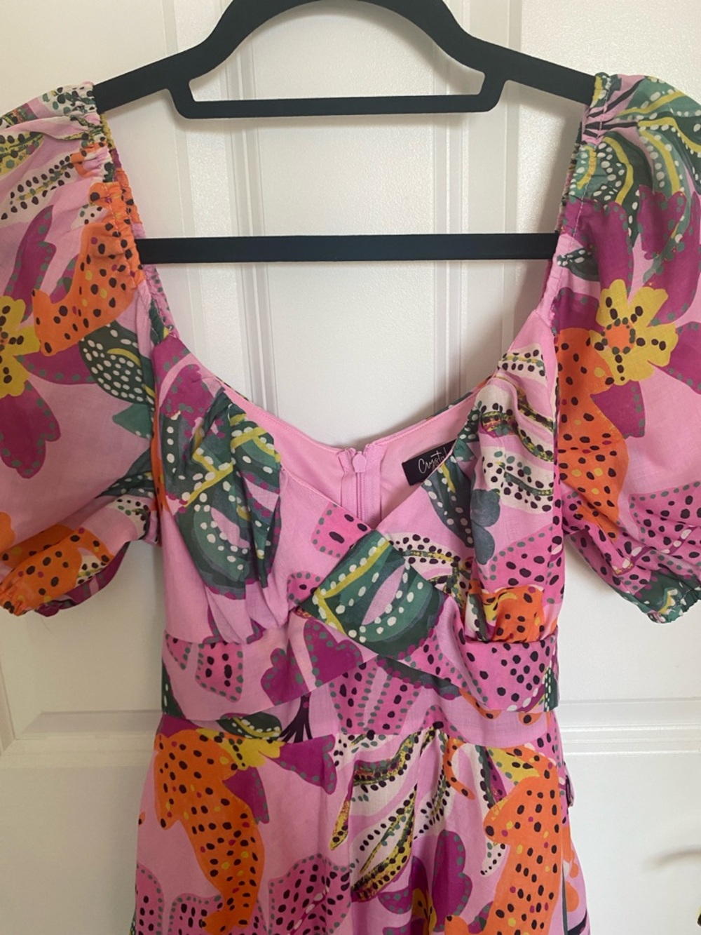 Pink Floral Puff Sleeve Tie-Back Flare Dress EUC Size M - Picture 4 of 5